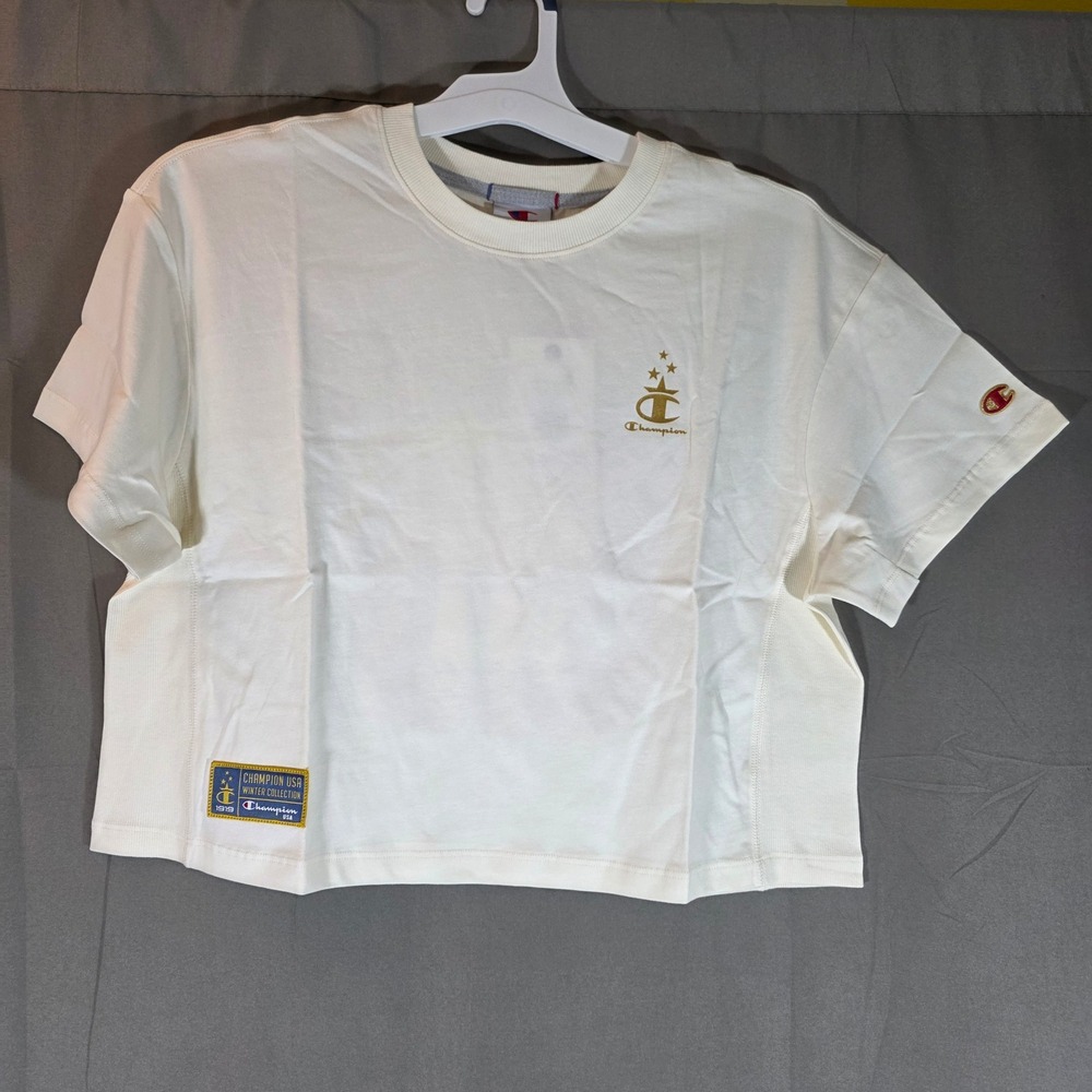 Champion Gold Medal Cropped Tee Unbleached Cotton USA Star Graphic Small NEW